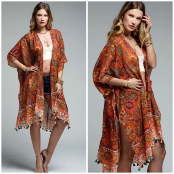Vintage Rust Jacobean Tassel Boho Kimono Wrap - Picture 1 of 6